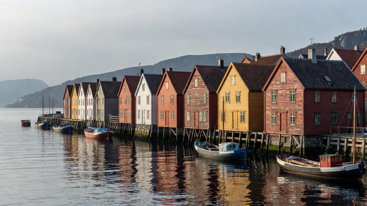 Historic wooden buildings along Bryggen on Bergen’s harbour in Norway