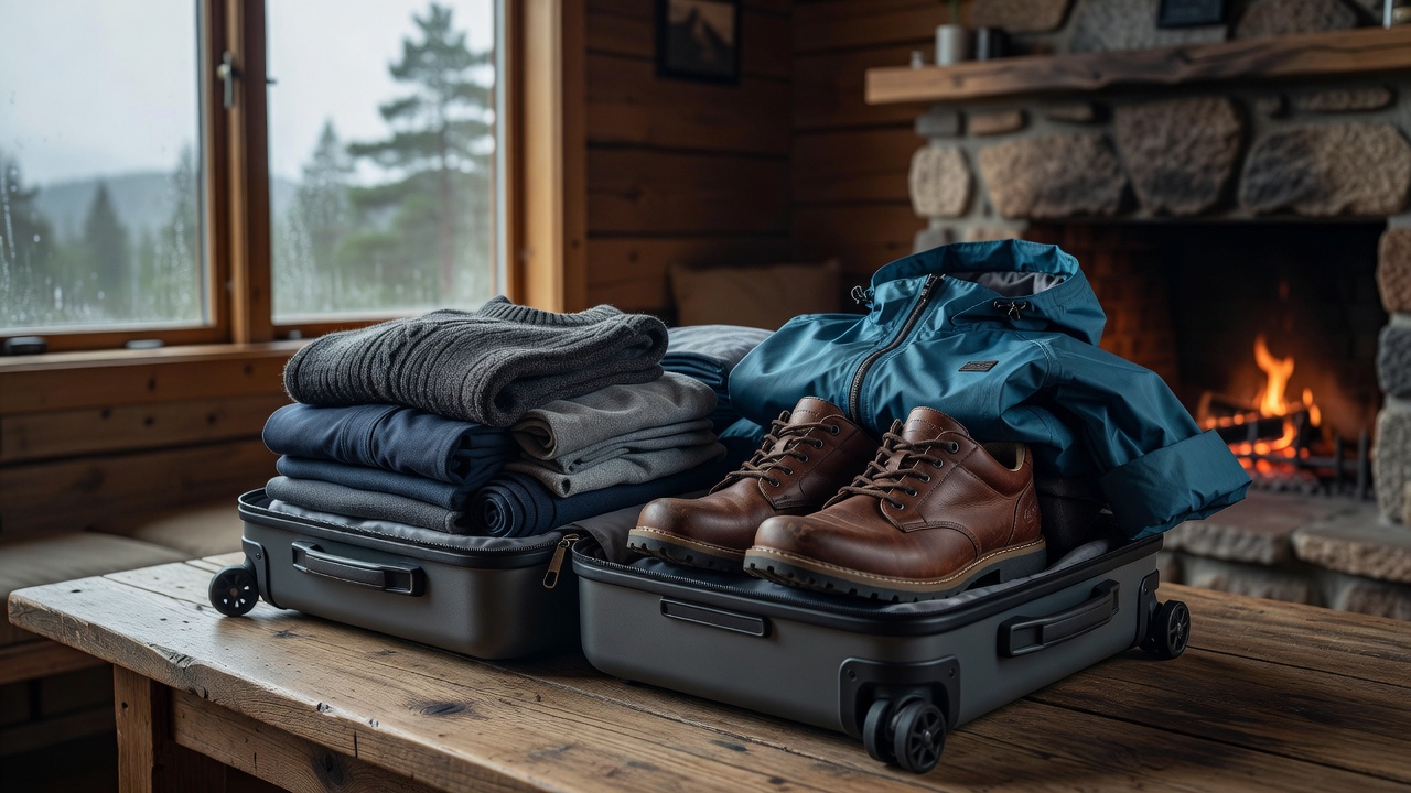 Compact travel luggage with layered clothing, walking shoes and a waterproof shell