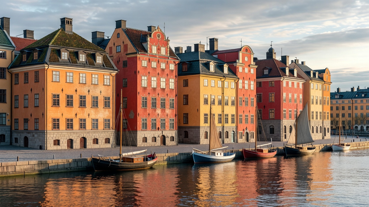 Historic waterfront buildings in Stockholm’s Gamla stan, Sweden